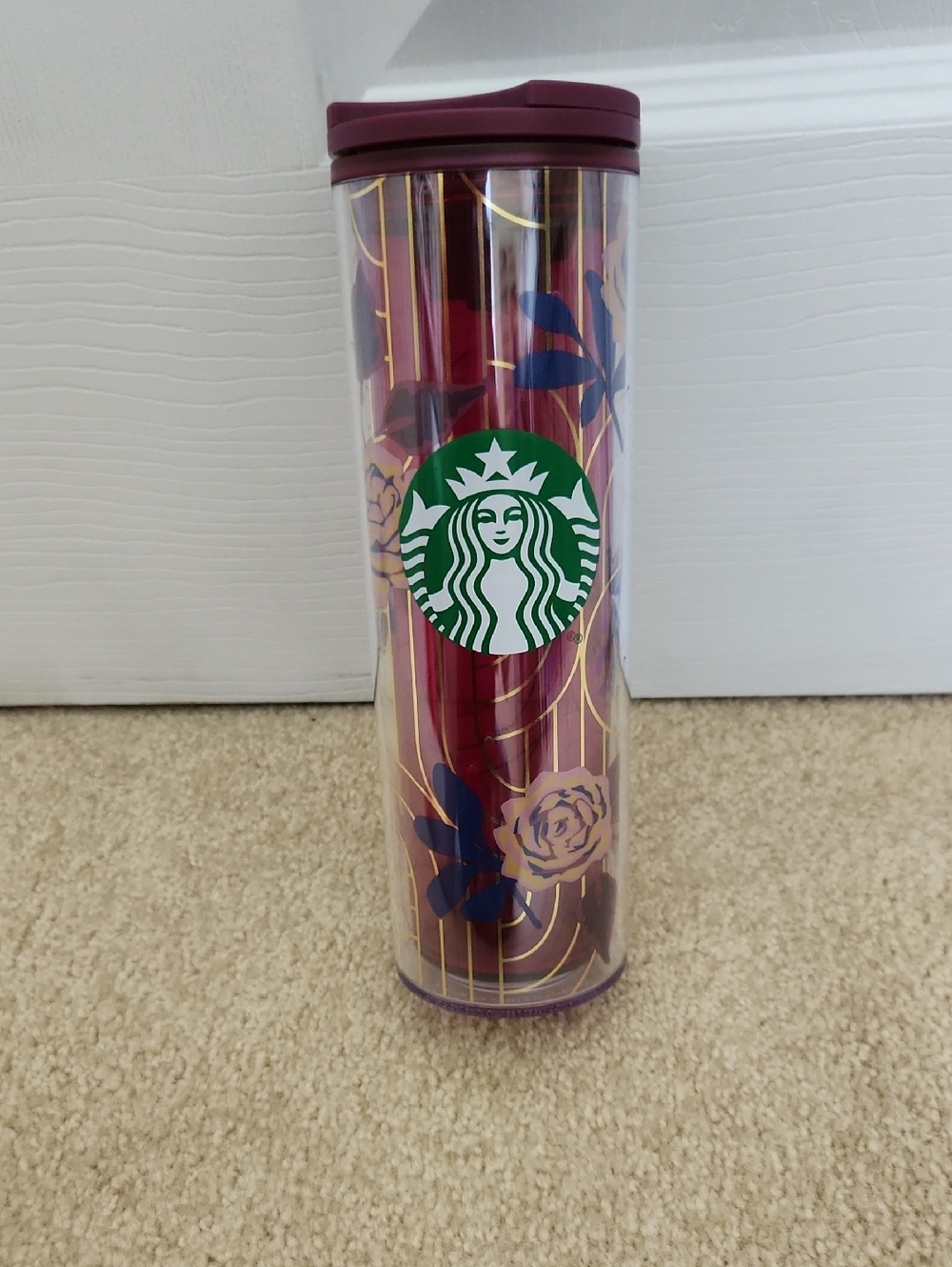 Starbucks Dark Purple Floral Tall Tumbler with Navy and Gold Accents